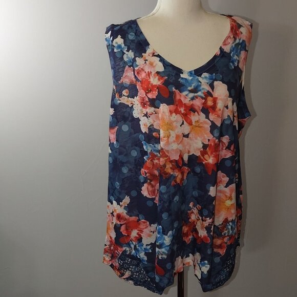 Time And Tru Womens Plus Size Sleeveless Floral Top XXL 20 Blue & Pink Polka Dot - Picture 1 of 4